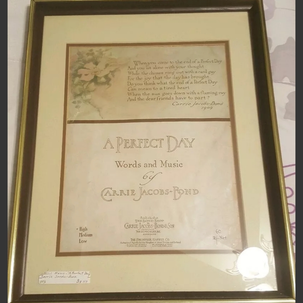 COPY - A perfect day. Sheet music 1909. Framed.
